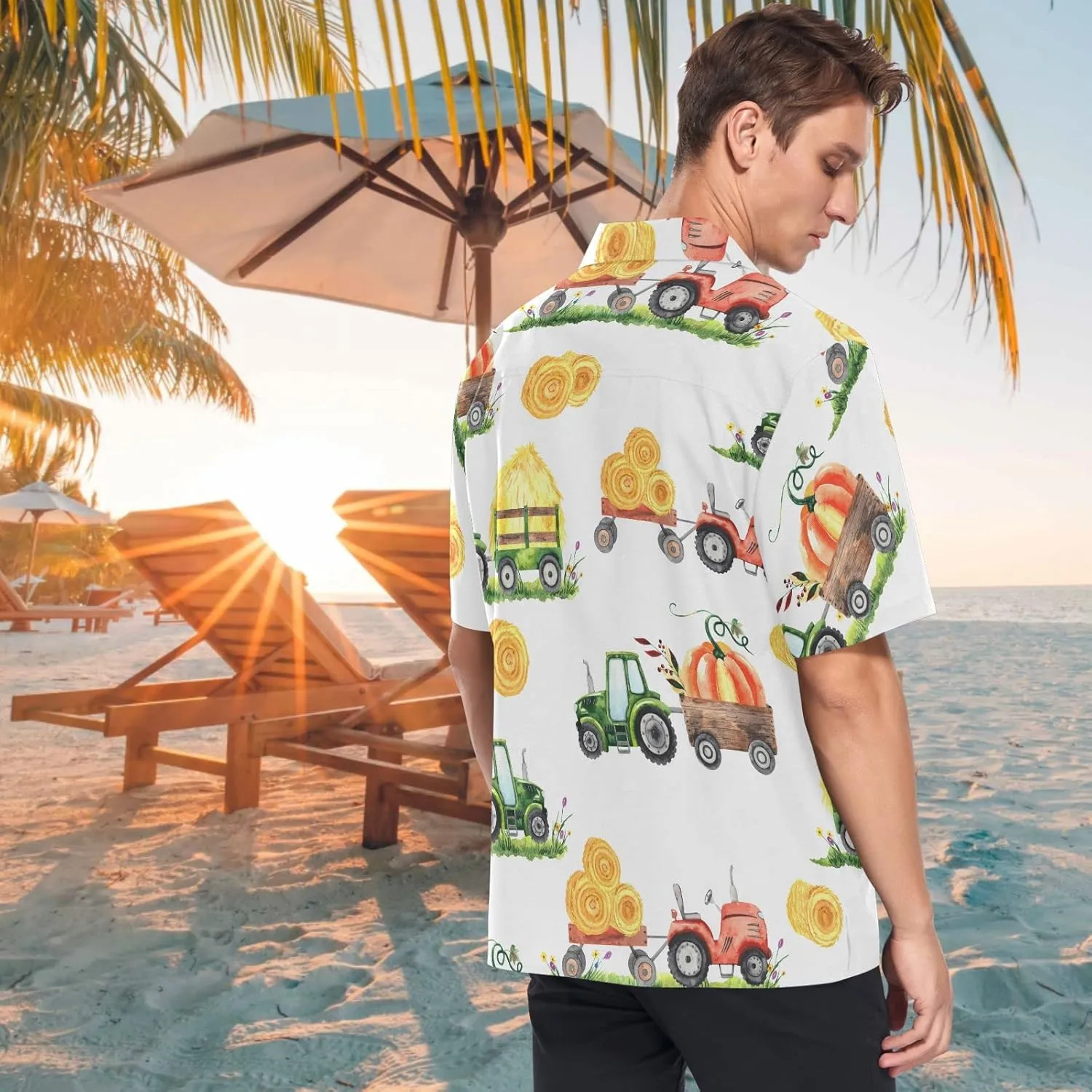 visesunny Pumpkin Tractor Trailer Wheelbarrow Haystack Hawaiian Shirt Casual Men Button Down Shortsleeve Beach Aloha Shirts