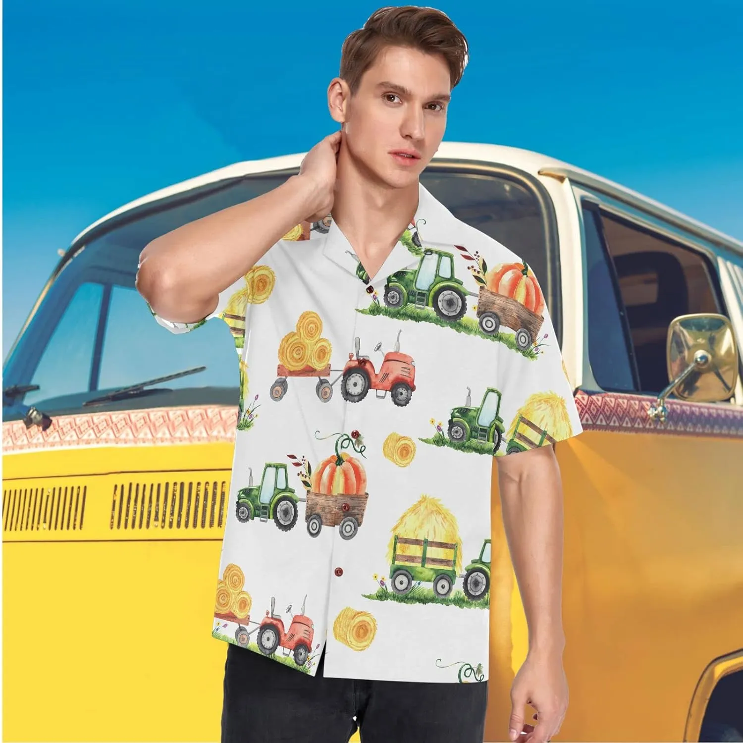 visesunny Pumpkin Tractor Trailer Wheelbarrow Haystack Hawaiian Shirt Casual Men Button Down Shortsleeve Beach Aloha Shirts