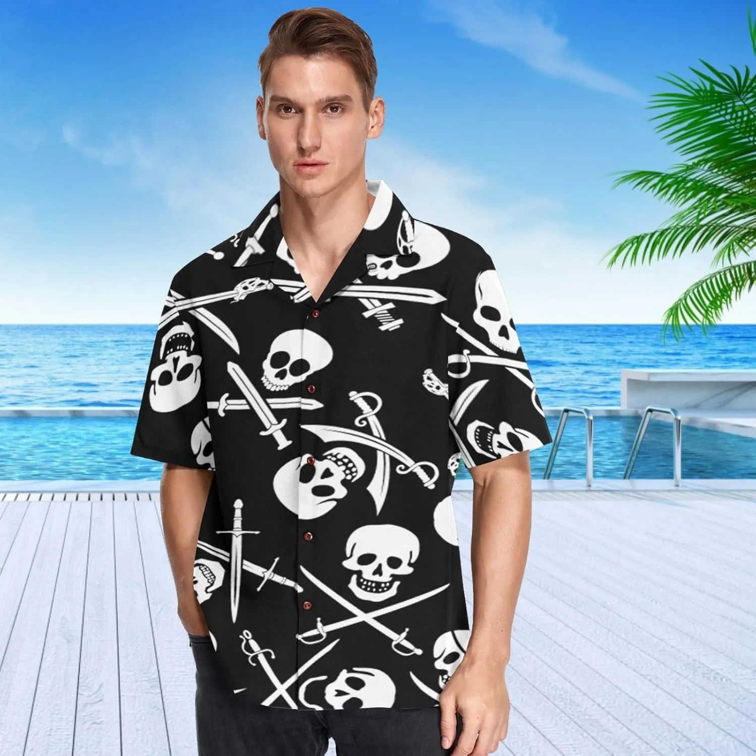 visesunny Stylish Men's Seasonal Hawaiian Print Button Down Short Sleeve Shirt Beach Clothing Unisex S-XXXL