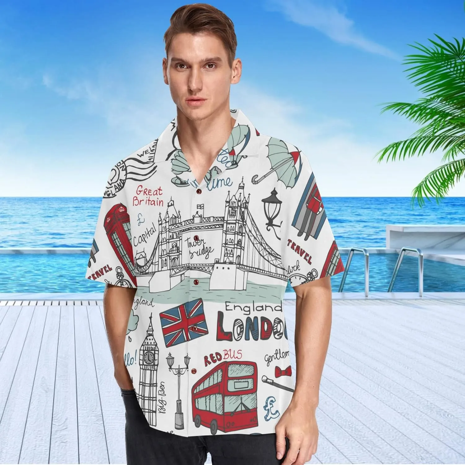 visesunny Stylish Men's Seasonal Hawaiian Print Button Down Short Sleeve Shirt Beach Clothing Unisex S-XXXL