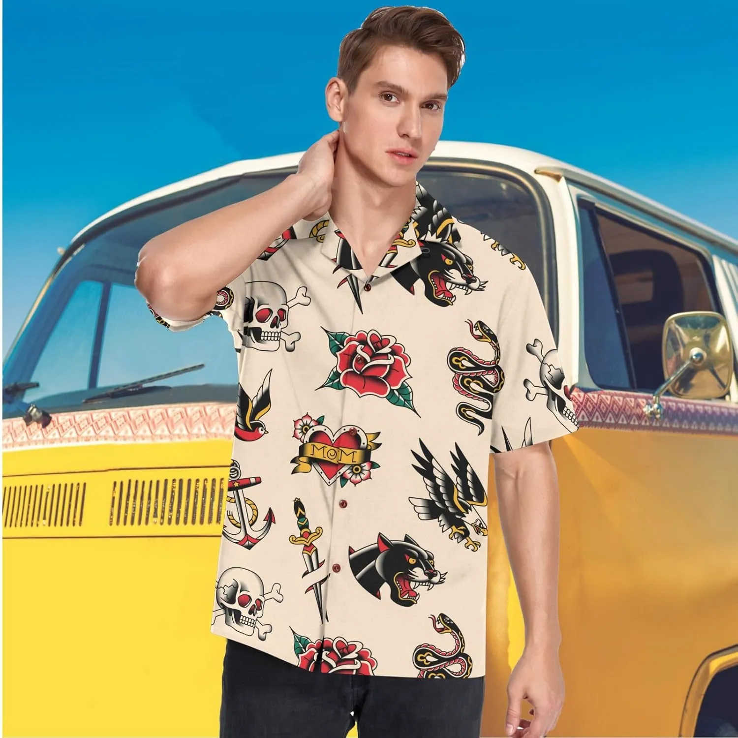 visesunny Stylish Men's Seasonal Hawaiian Print Button Down Short Sleeve Shirt Beach Clothing Unisex S-XXXL