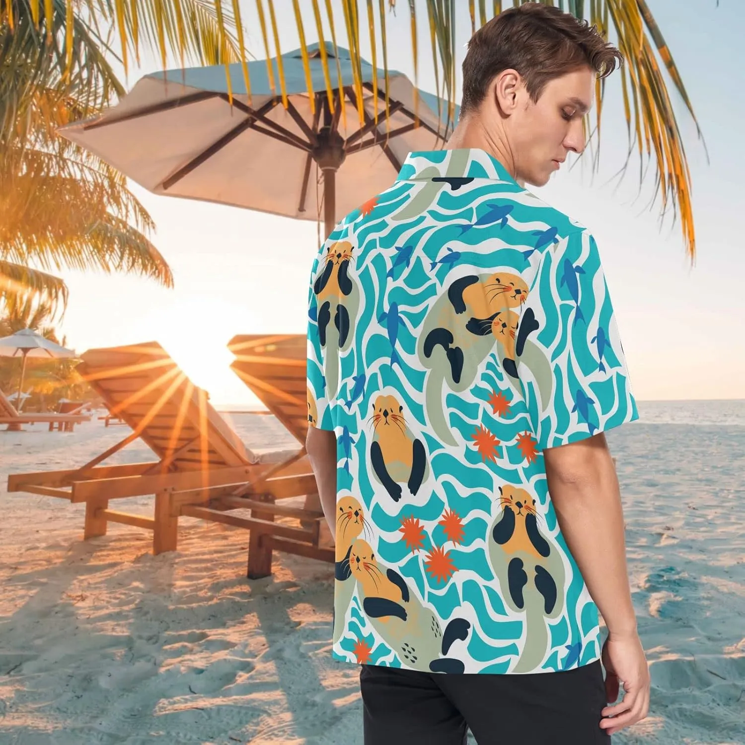 visesunny Stylish Men's Seasonal Hawaiian Print Button Down Short Sleeve Shirt Beach Clothing Unisex S-XXXL