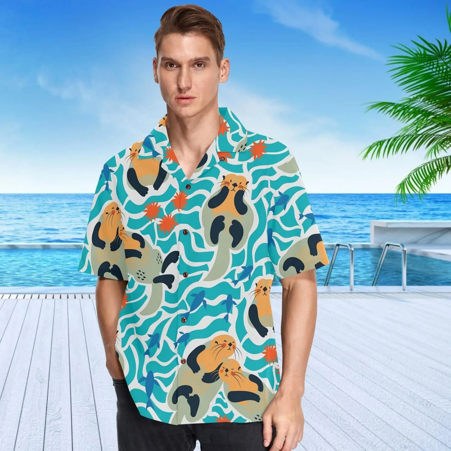 visesunny Stylish Men's Seasonal Hawaiian Print Button Down Short Sleeve Shirt Beach Clothing Unisex S-XXXL
