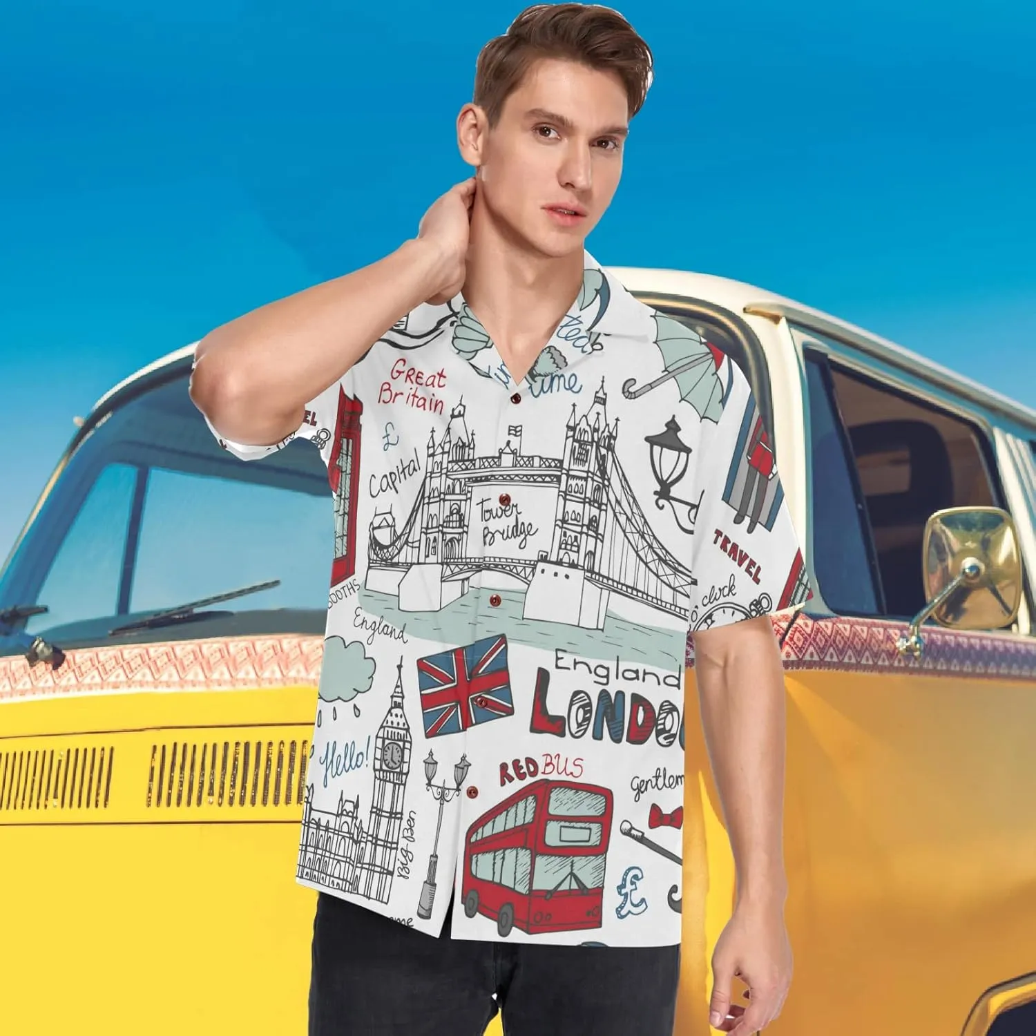 visesunny Stylish Men's Seasonal Hawaiian Print Button Down Short Sleeve Shirt Beach Clothing Unisex S-XXXL