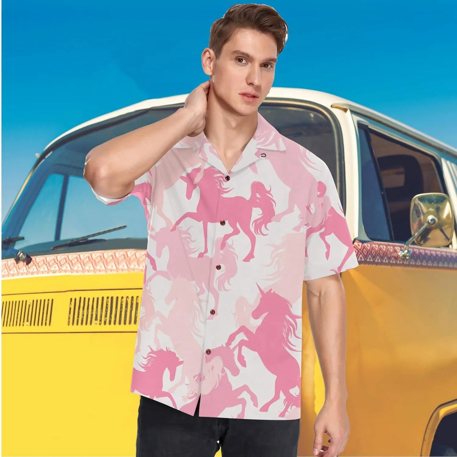visesunny Stylish Men's Seasonal Hawaiian Print Button Down Short Sleeve Shirt Beach Clothing Unisex S-XXXL