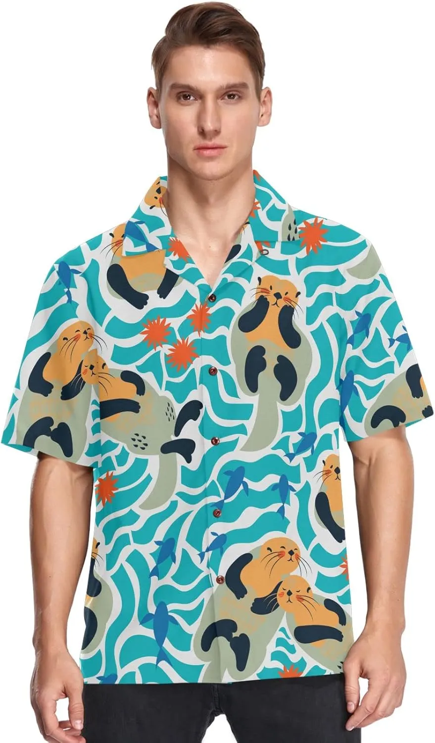 visesunny Stylish Men's Seasonal Hawaiian Print Button Down Short Sleeve Shirt Beach Clothing Unisex S-XXXL
