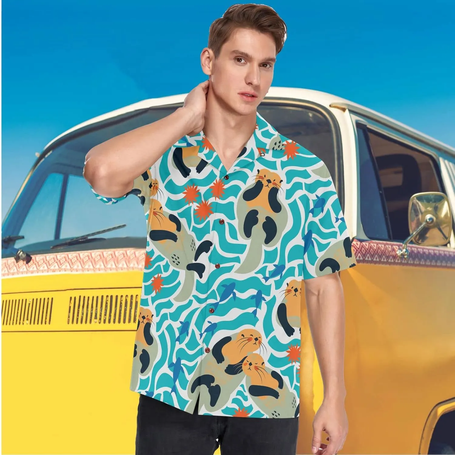 visesunny Stylish Men's Seasonal Hawaiian Print Button Down Short Sleeve Shirt Beach Clothing Unisex S-XXXL