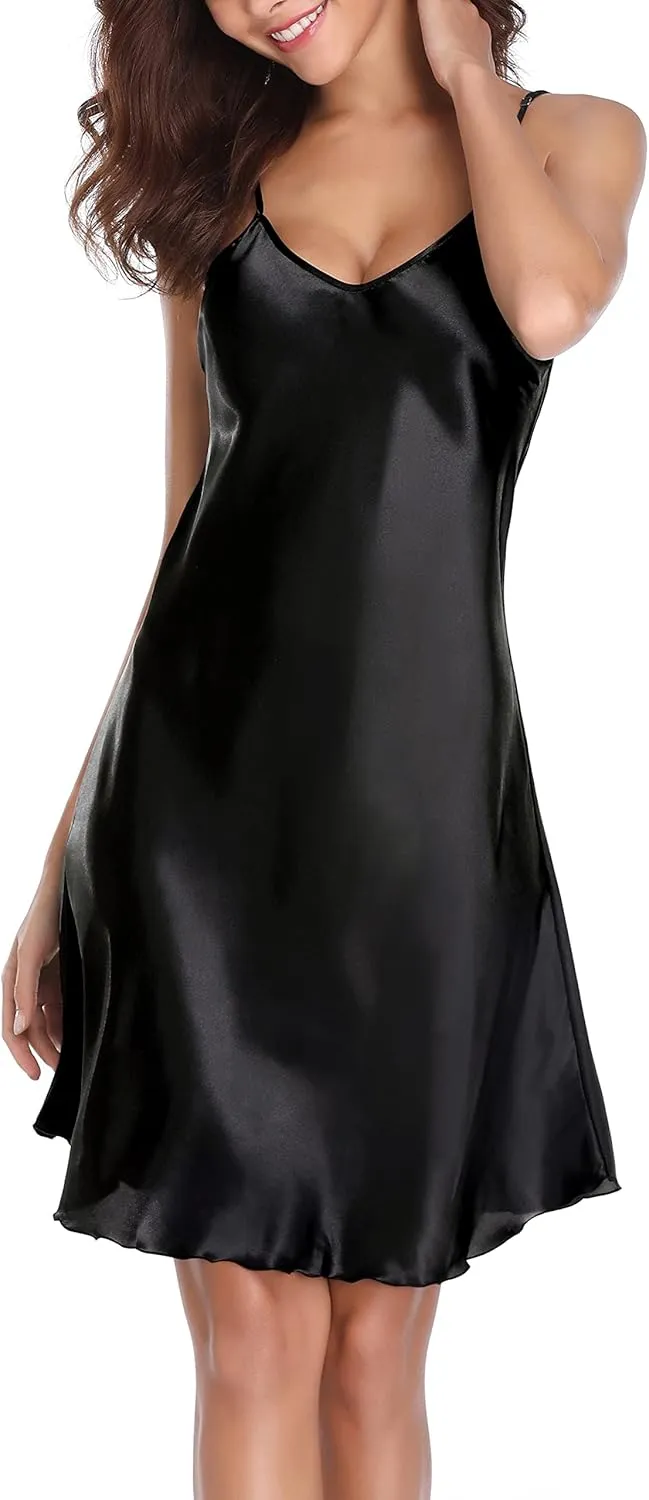 Vlazom Women Sexy Lingerie Satin Nightgown Silk Chemise Mini Slips V Neck Negligee Sleepwear with Adjustable Straps