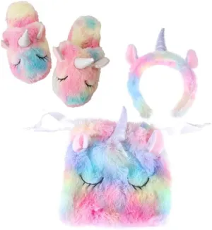 VOSAREA 3pcs Unicorn Head Slippers Set Boys and Girls Unicorn Costume Supplies Ice Headwear Headdress Drawstring Bag