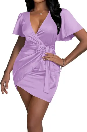 Vrtige Women's Satin Silky V Neck Tie Waist Wrap Hem Short Sleeve Bodycon Mini Dress