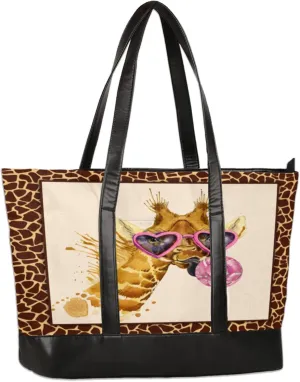 Watercolor Giraffe Leopard Laptop Tote Bag for Women Lightweight Work Purse with Multiple Compartments Fits 13-15.6 Inch Laptop Tablet Shoulder Bag for Office Travel Daily Use