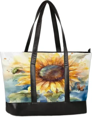 Watercolor Sunflower Butterflies Laptop Tote Bag for Women Lightweight Work Purse with Multiple Compartments Fits 13-15.6 Inch Laptop Tablet Shoulder Bag for Office Travel Daily Use
