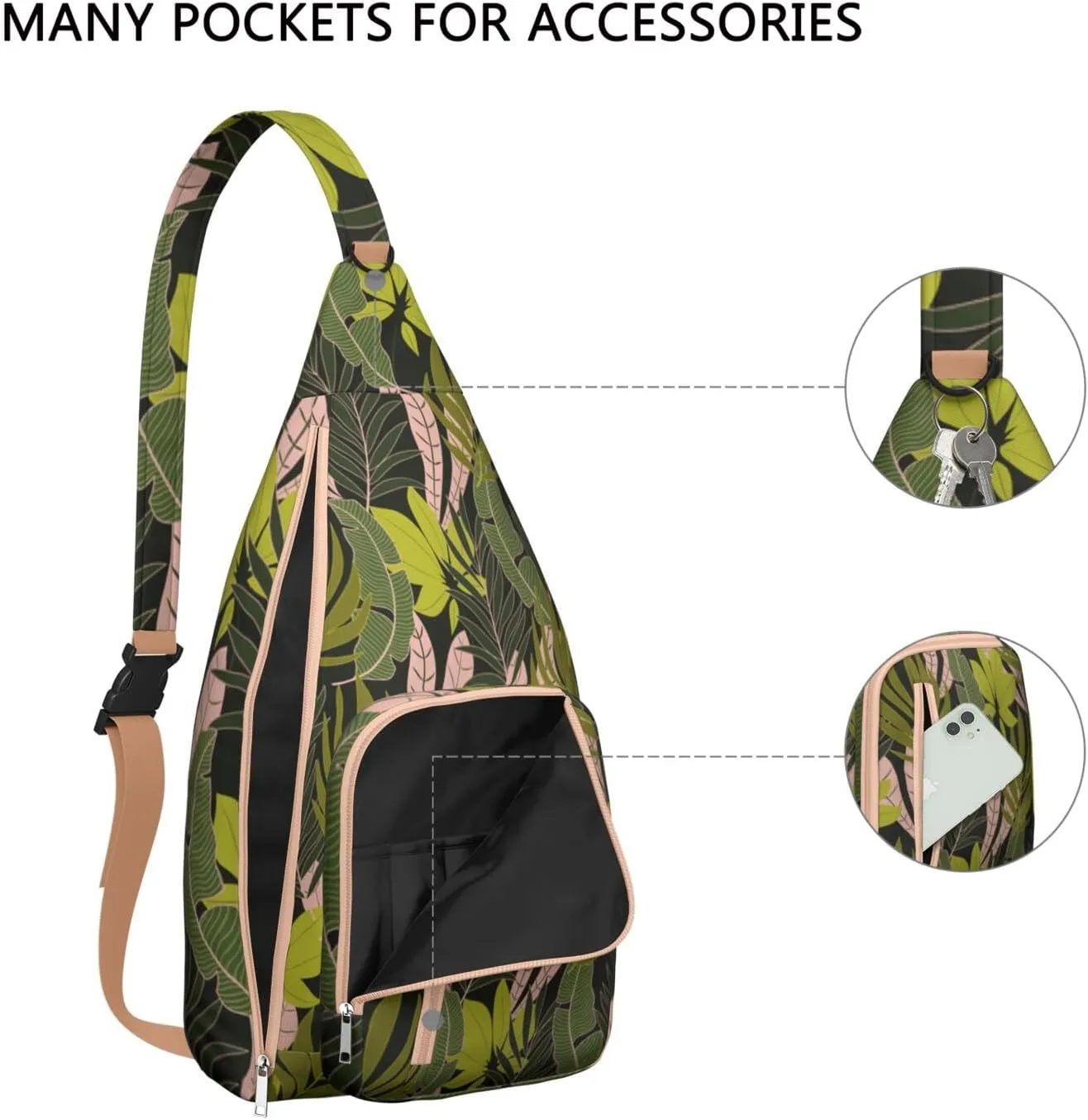 Waterproof Crossbody Bag for Men Women Tropical Leaf Lightweight Sling Backpack Shoulder Chest Bag for Hiking Cycling