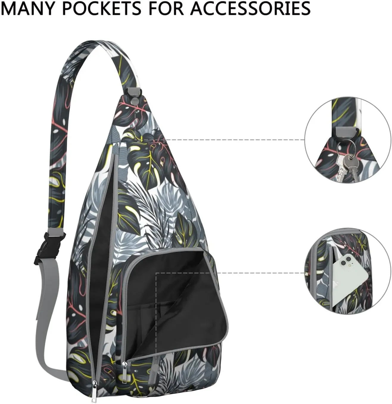 Waterproof Crossbody Bag for Men Women Tropical Leaf Lightweight Sling Backpack Shoulder Chest Bag for Hiking Cycling
