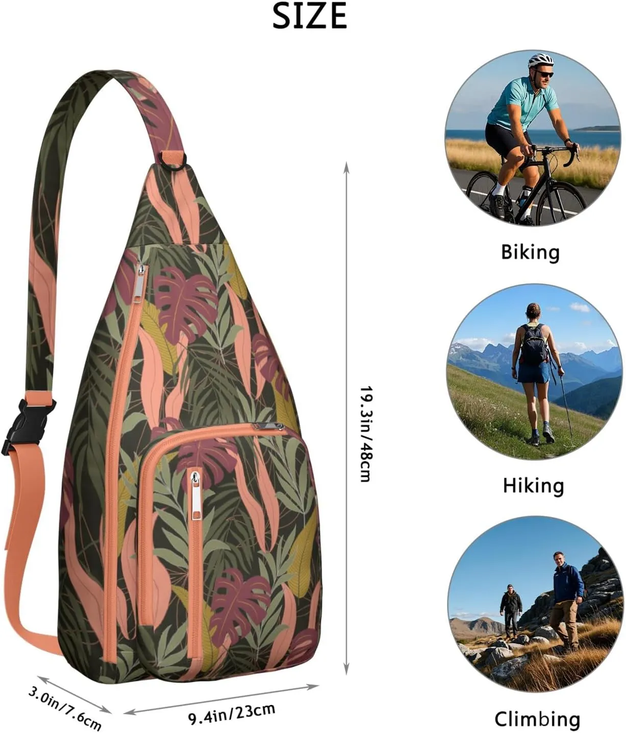 Waterproof Crossbody Bag for Men Women Tropical Leaf Lightweight Sling Backpack Shoulder Chest Bag for Hiking Cycling