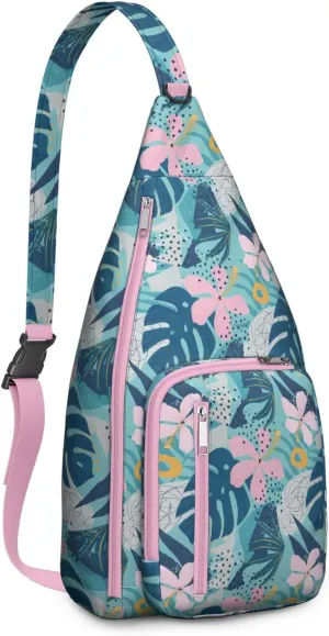 Waterproof Crossbody Bag for Men Women Tropical Leaf Lightweight Sling Backpack Shoulder Chest Bag for Hiking Cycling
