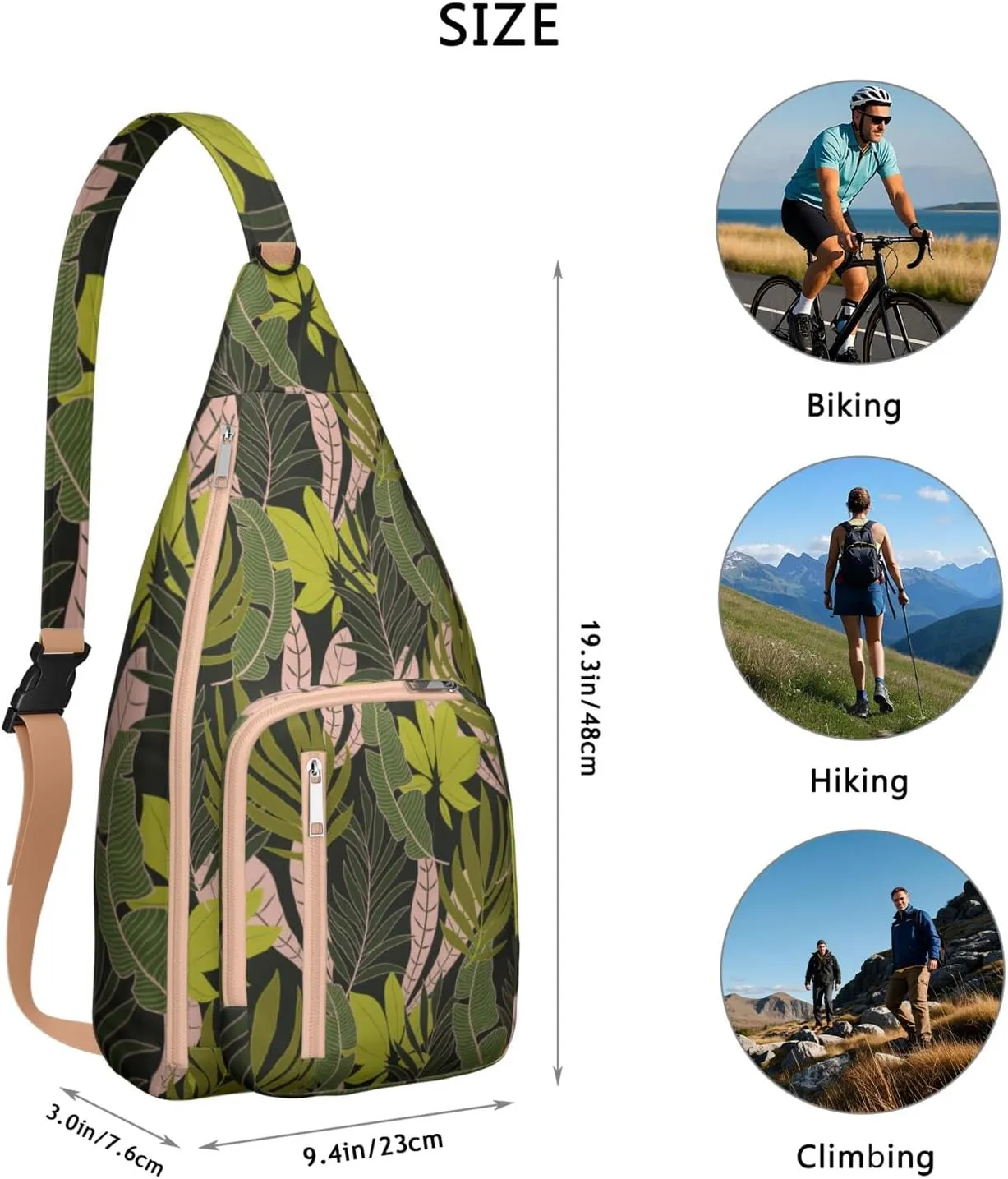 Waterproof Crossbody Bag for Men Women Tropical Leaf Lightweight Sling Backpack Shoulder Chest Bag for Hiking Cycling