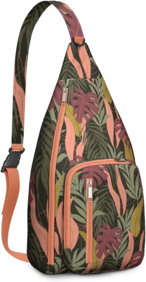 Waterproof Crossbody Bag for Men Women Tropical Leaf Lightweight Sling Backpack Shoulder Chest Bag for Hiking Cycling