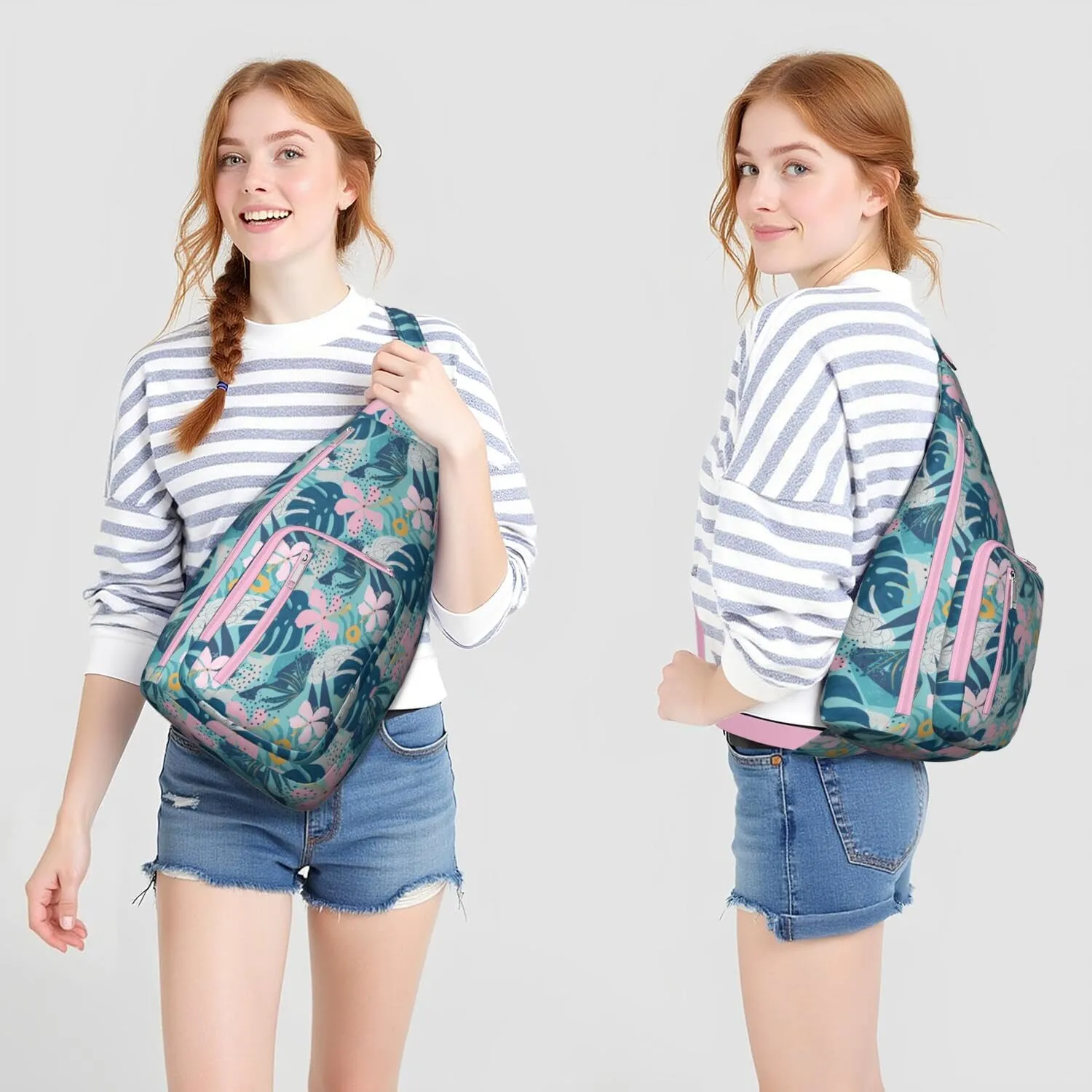Waterproof Crossbody Bag for Men Women Tropical Leaf Lightweight Sling Backpack Shoulder Chest Bag for Hiking Cycling