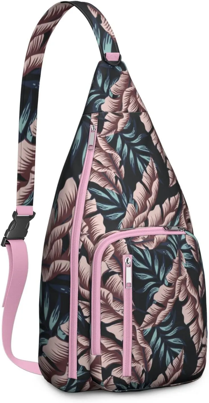 Waterproof Crossbody Bag for Men Women Tropical Leaf Lightweight Sling Backpack Shoulder Chest Bag for Hiking Cycling