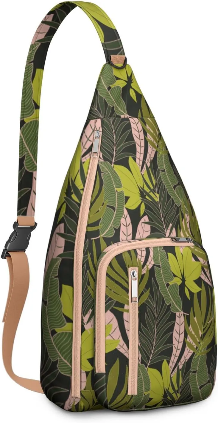 Waterproof Crossbody Bag for Men Women Tropical Leaf Lightweight Sling Backpack Shoulder Chest Bag for Hiking Cycling