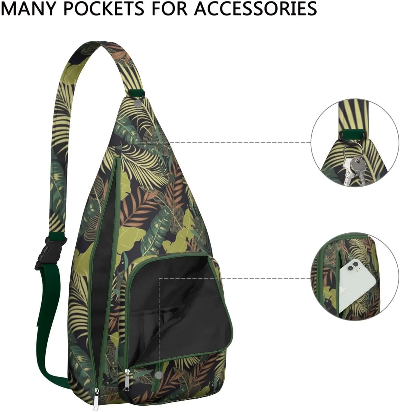 Waterproof Crossbody Bag for Men Women Tropical Leaf Lightweight Sling Backpack Shoulder Chest Bag for Hiking Cycling