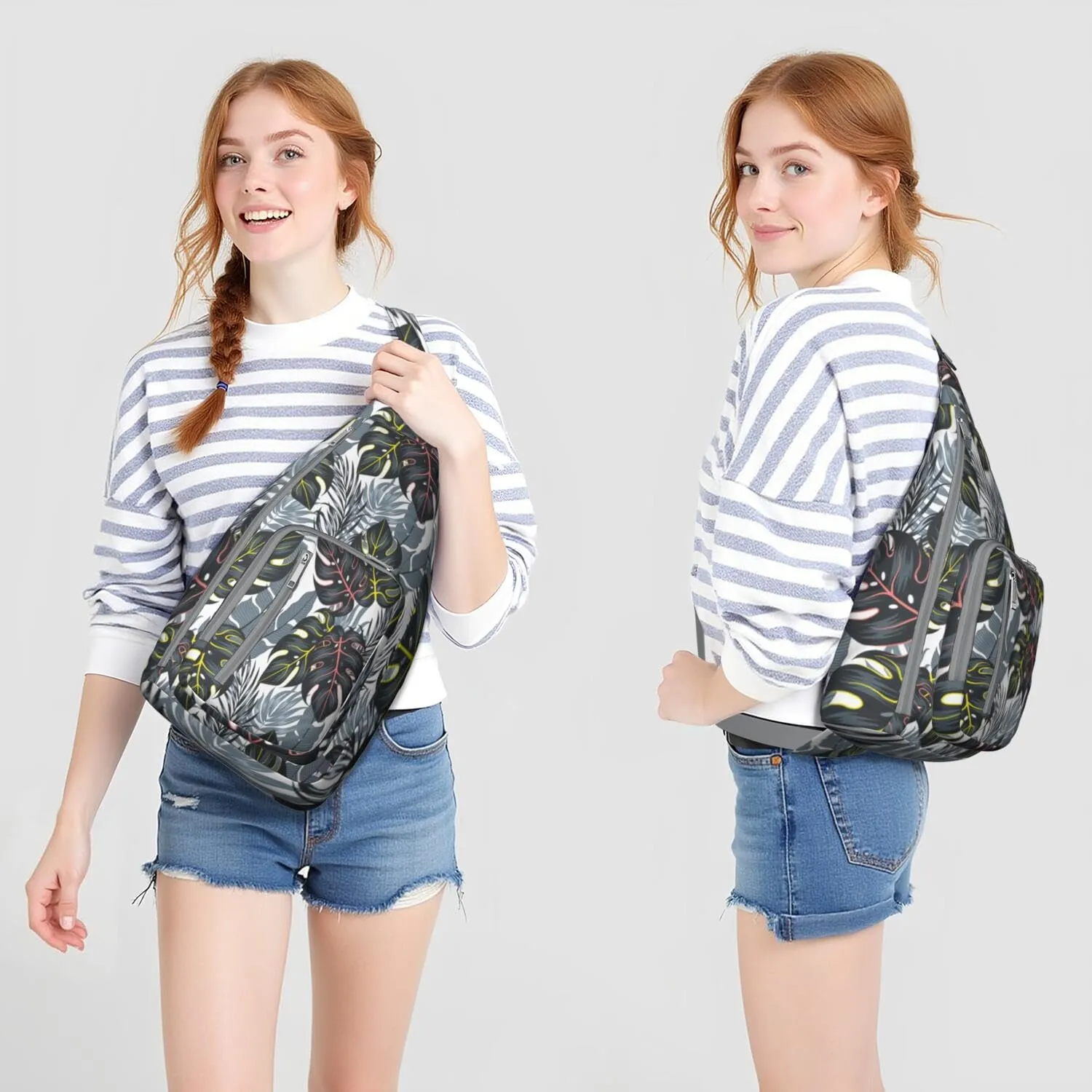 Waterproof Crossbody Bag for Men Women Tropical Leaf Lightweight Sling Backpack Shoulder Chest Bag for Hiking Cycling