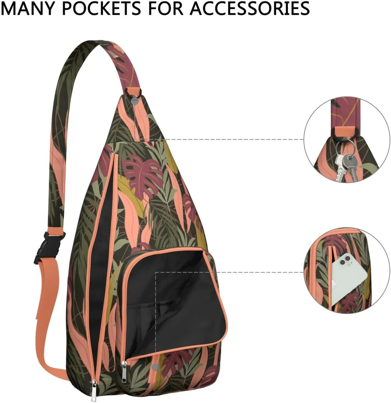 Waterproof Crossbody Bag for Men Women Tropical Leaf Lightweight Sling Backpack Shoulder Chest Bag for Hiking Cycling