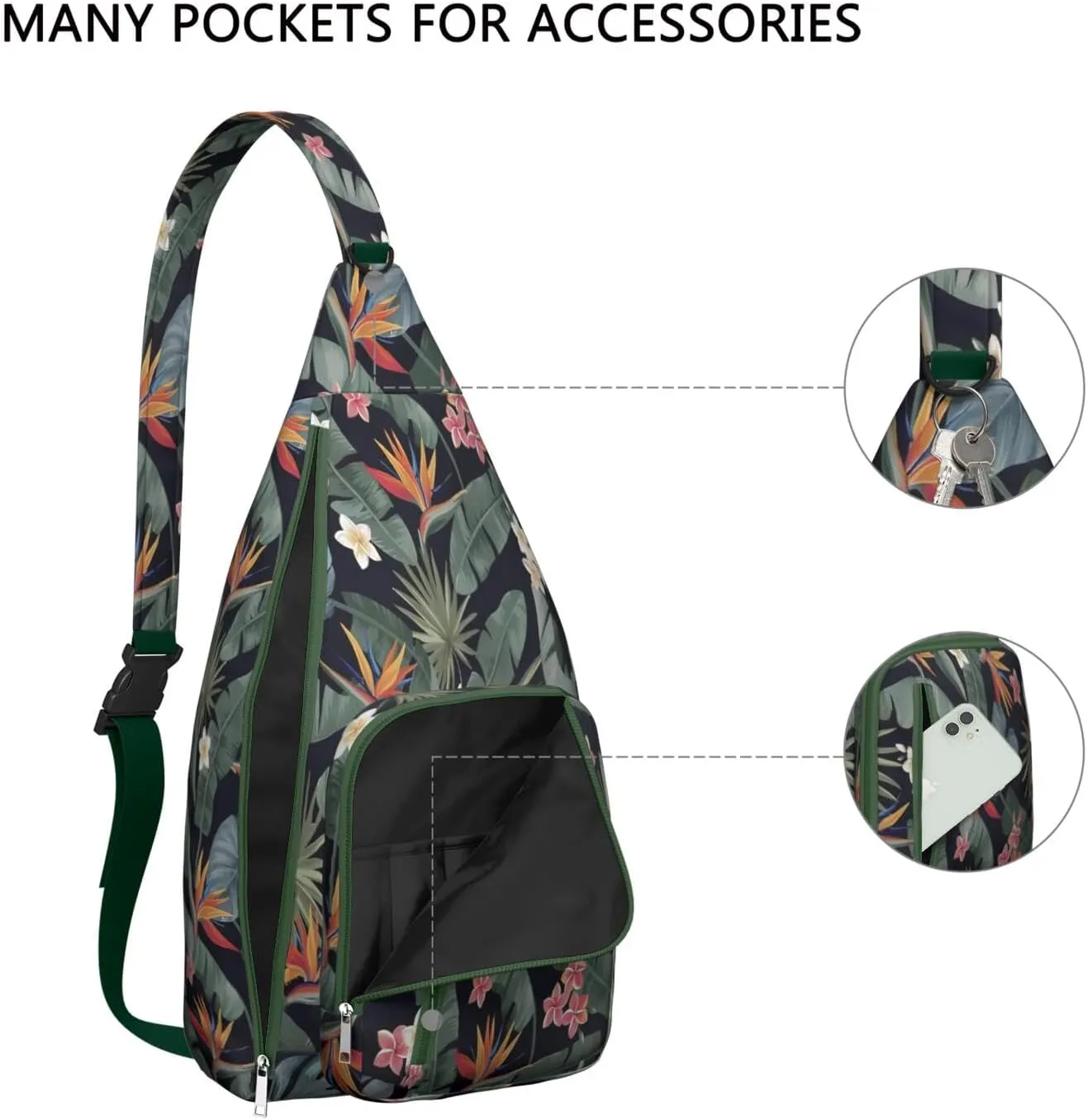 Waterproof Crossbody Bag for Men Women Tropical Leaf Lightweight Sling Backpack Shoulder Chest Bag for Hiking Cycling