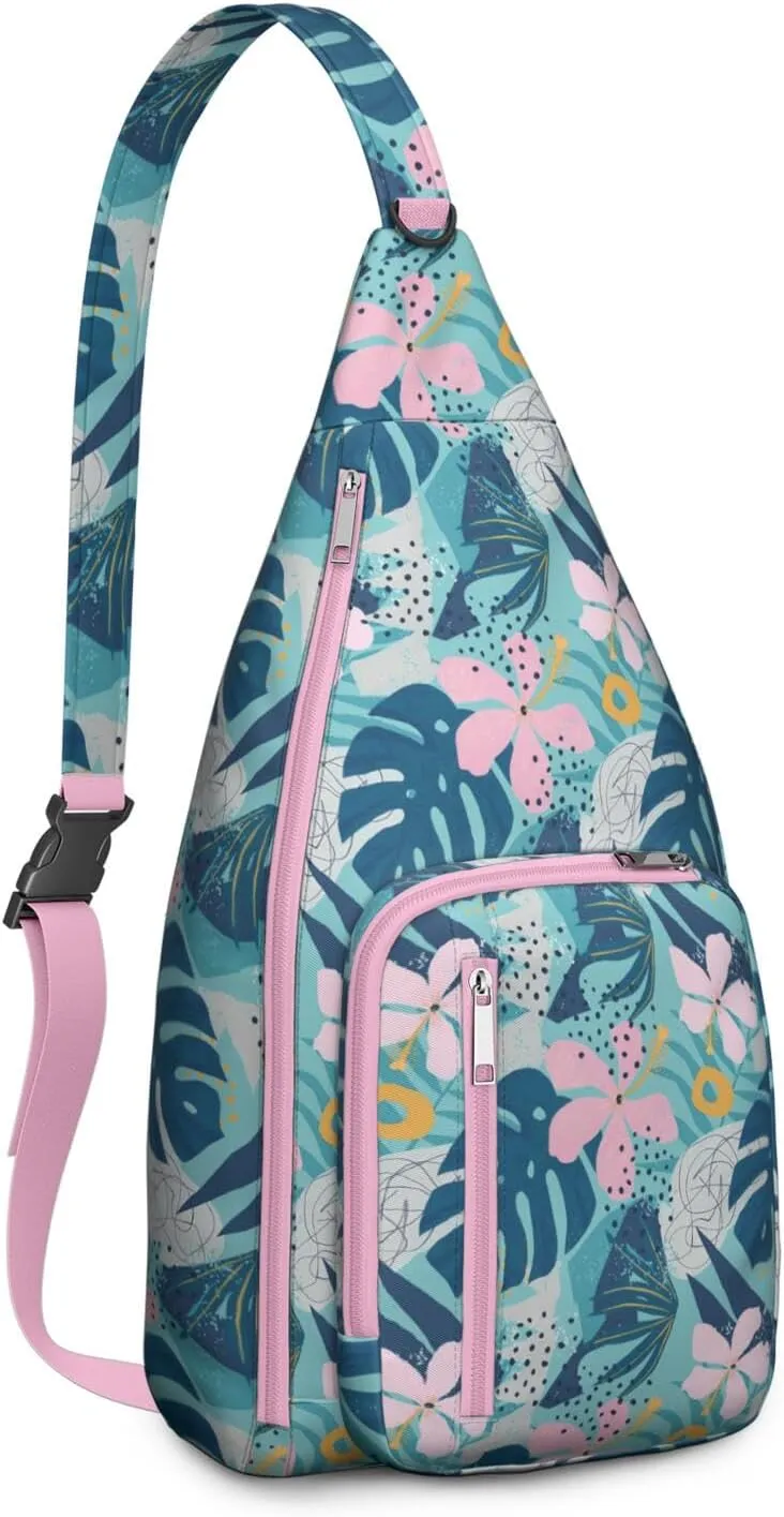 Waterproof Crossbody Bag for Men Women Tropical Leaf Lightweight Sling Backpack Shoulder Chest Bag for Hiking Cycling