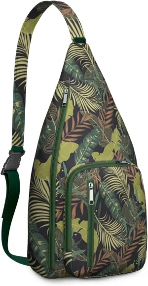 Waterproof Crossbody Bag for Men Women Tropical Leaf Lightweight Sling Backpack Shoulder Chest Bag for Hiking Cycling