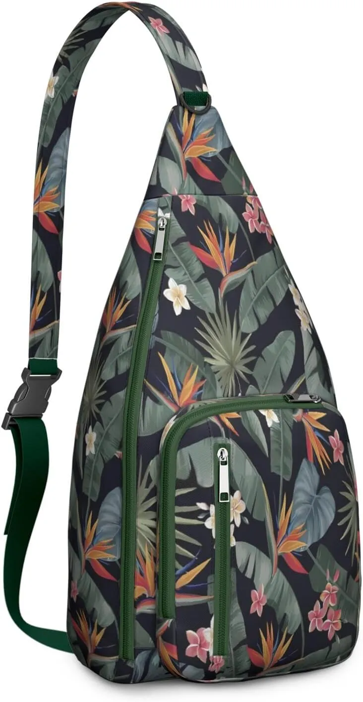Waterproof Crossbody Bag for Men Women Tropical Leaf Lightweight Sling Backpack Shoulder Chest Bag for Hiking Cycling