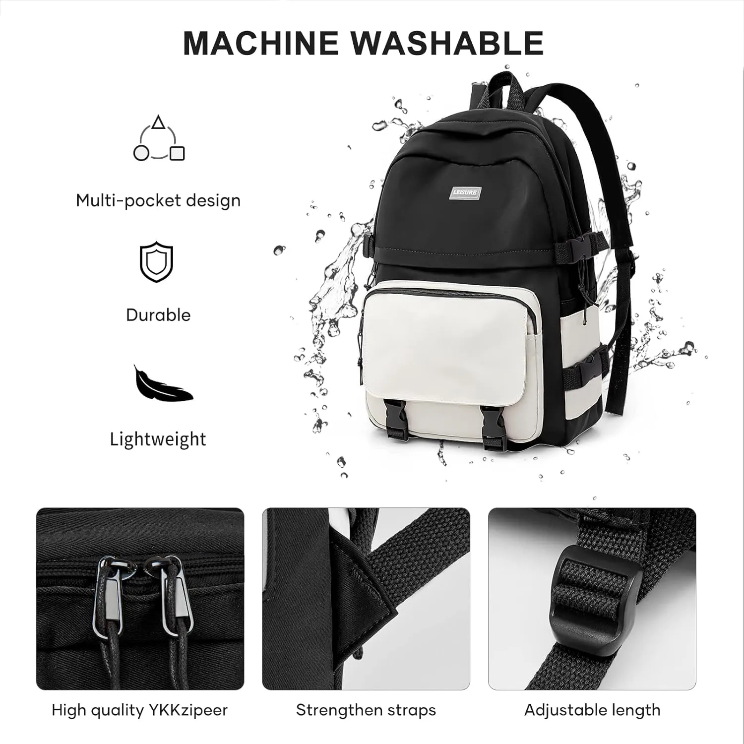weradar Cute Black Backpack For School Teen Girls,Lightweight Middle School Bookbags,Waterproof Travel Rucksack Casual Daypack,College Backpack For Women
