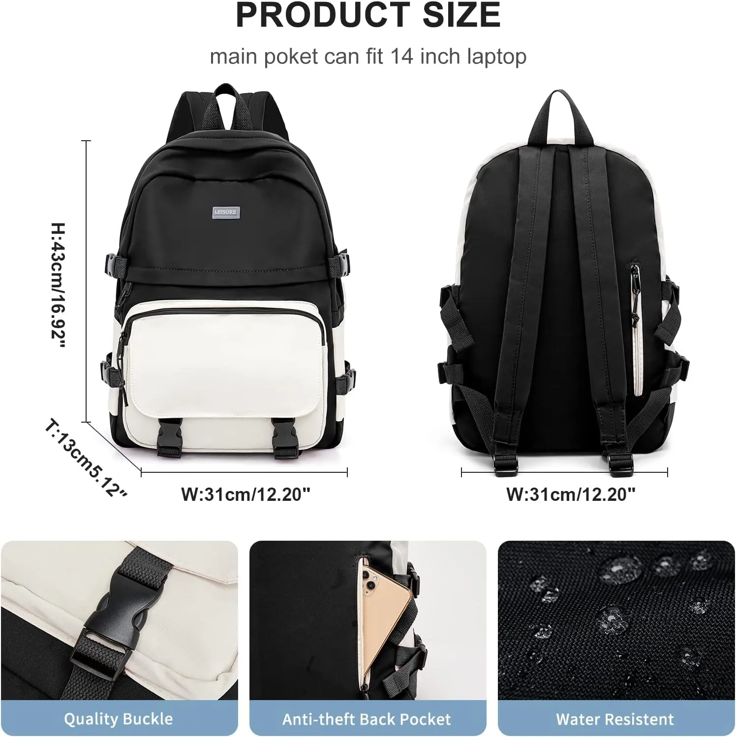 weradar Cute Black Backpack For School Teen Girls,Lightweight Middle School Bookbags,Waterproof Travel Rucksack Casual Daypack,College Backpack For Women