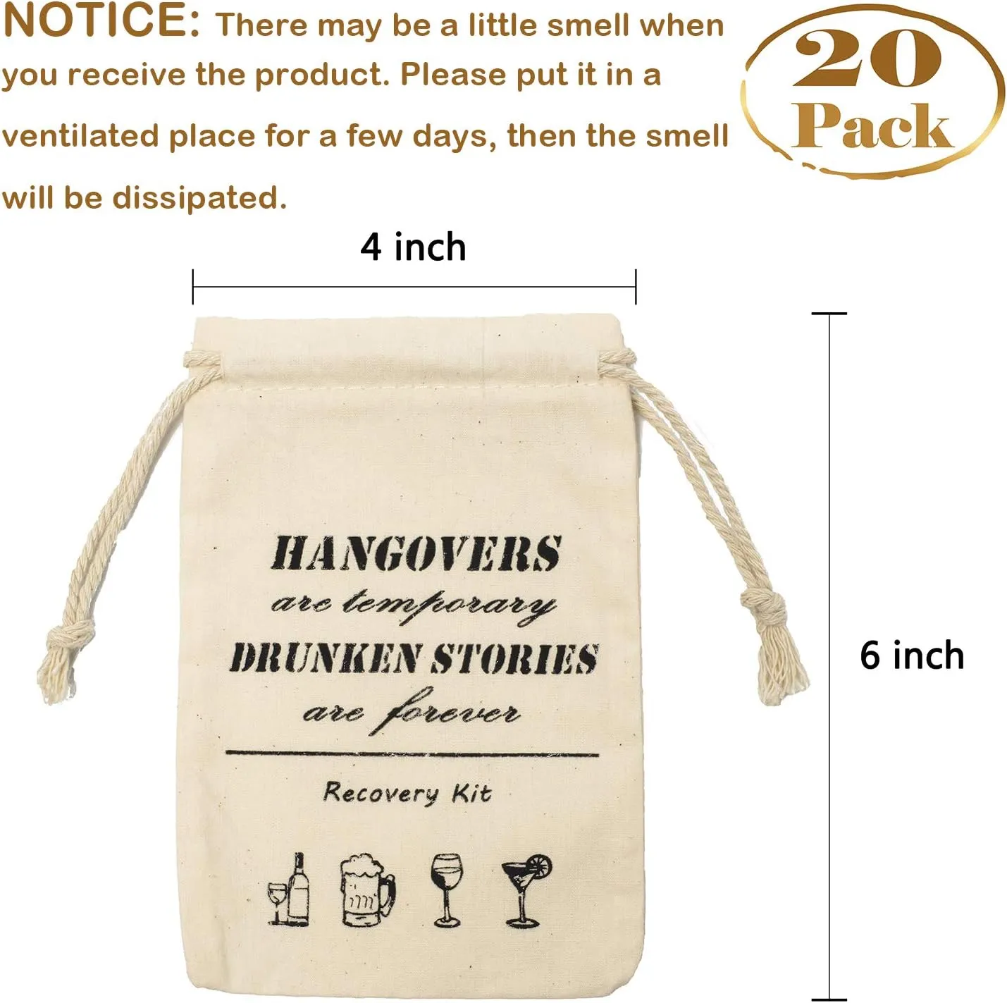 Whaline Pack of 20 Bachelorette Party Bags with Drawstring Cotton Recovery Kit Bags Muslin Tote Bag for Bridal Shower Wedding Gift Decoration Hen Night Parties (10 x 15 cm)