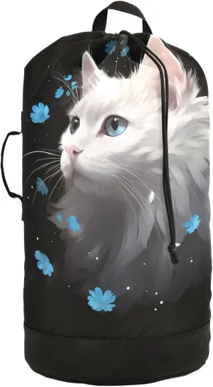 White Cat Blue Flowers Laundry Backpack Bag with Drawstring Closure Waterproof Laundry Bag Laundry Hamper Clothes Storage for College Travel Laundromat Apartment