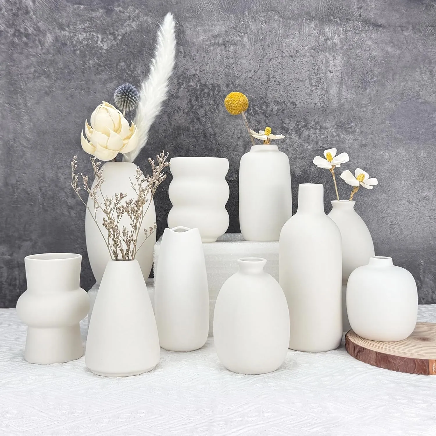 White Ceramic Vase Set of 10, Small Ceramic Flower Vases Bulk Bud Vases for Wedding Table Centerpieces Decor Pampas Grass Modern Boho Home Party Decor DIY Gift