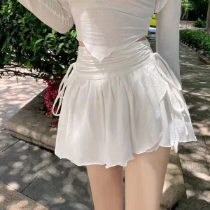 White Drawstring Folds Charming High Waist Mini Skirt