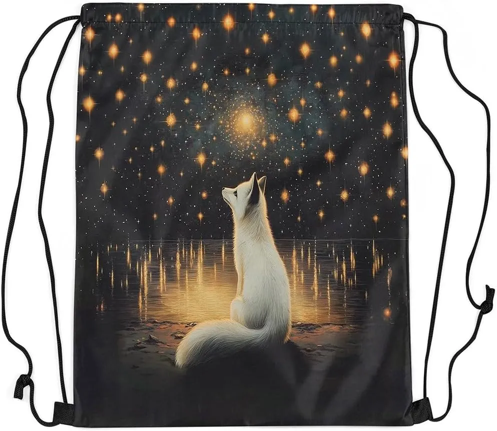 White Fox Drawstring Backpack Bag,Romantic Starry Moon Sky Galaxy Glitter Drawstring Bag,Large Capacity Wild Animal Oil Paint Style Artwork Adjustable Draw String Bag