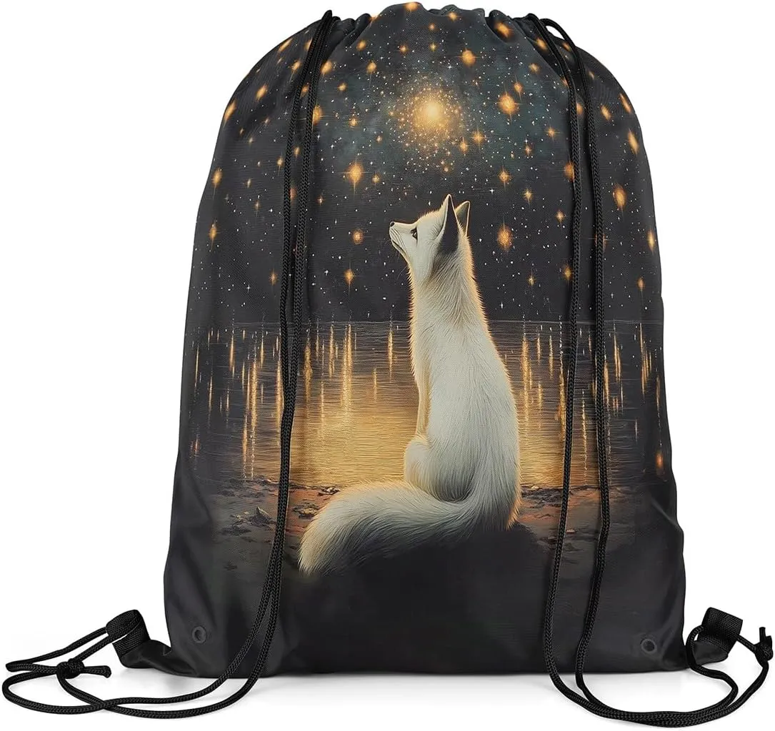 White Fox Drawstring Backpack Bag,Romantic Starry Moon Sky Galaxy Glitter Drawstring Bag,Large Capacity Wild Animal Oil Paint Style Artwork Adjustable Draw String Bag