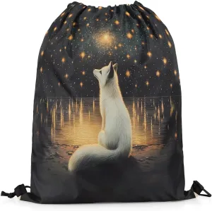 White Fox Drawstring Backpack Bag,Romantic Starry Moon Sky Galaxy Glitter Drawstring Bag,Large Capacity Wild Animal Oil Paint Style Artwork Adjustable Draw String Bag