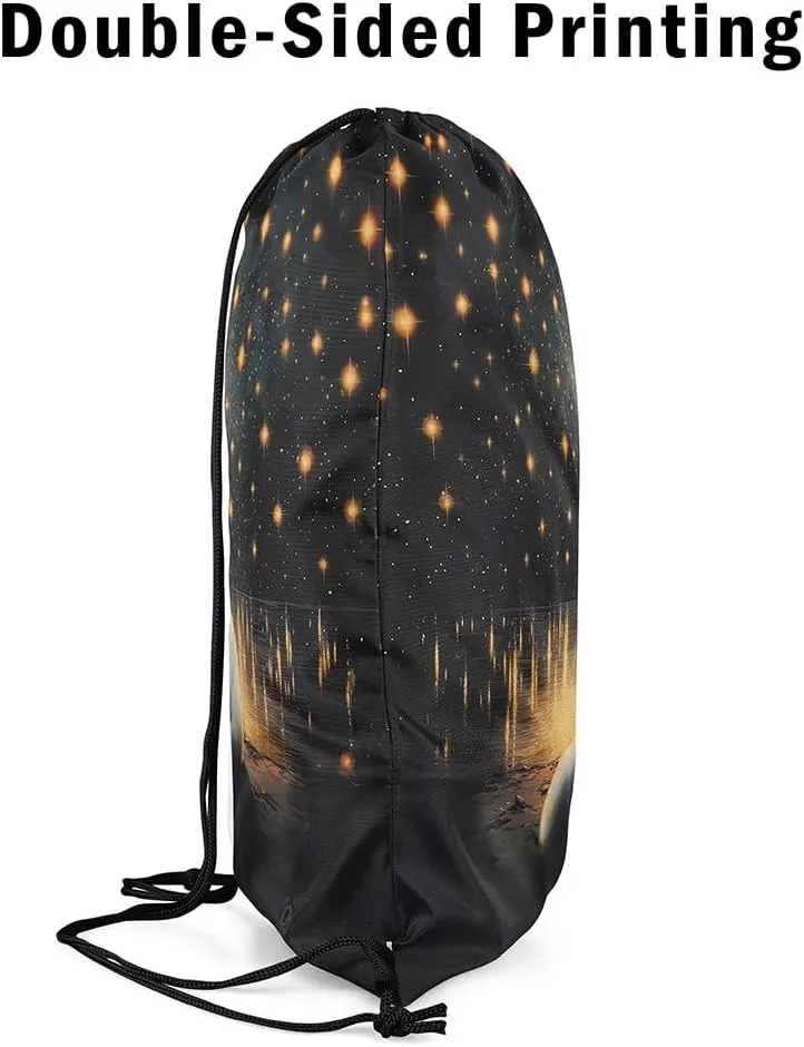 White Fox Drawstring Backpack Bag,Romantic Starry Moon Sky Galaxy Glitter Drawstring Bag,Large Capacity Wild Animal Oil Paint Style Artwork Adjustable Draw String Bag