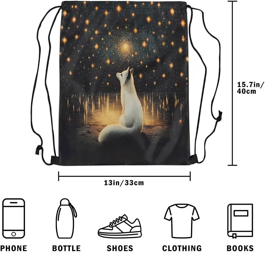 White Fox Drawstring Backpack Bag,Romantic Starry Moon Sky Galaxy Glitter Drawstring Bag,Large Capacity Wild Animal Oil Paint Style Artwork Adjustable Draw String Bag