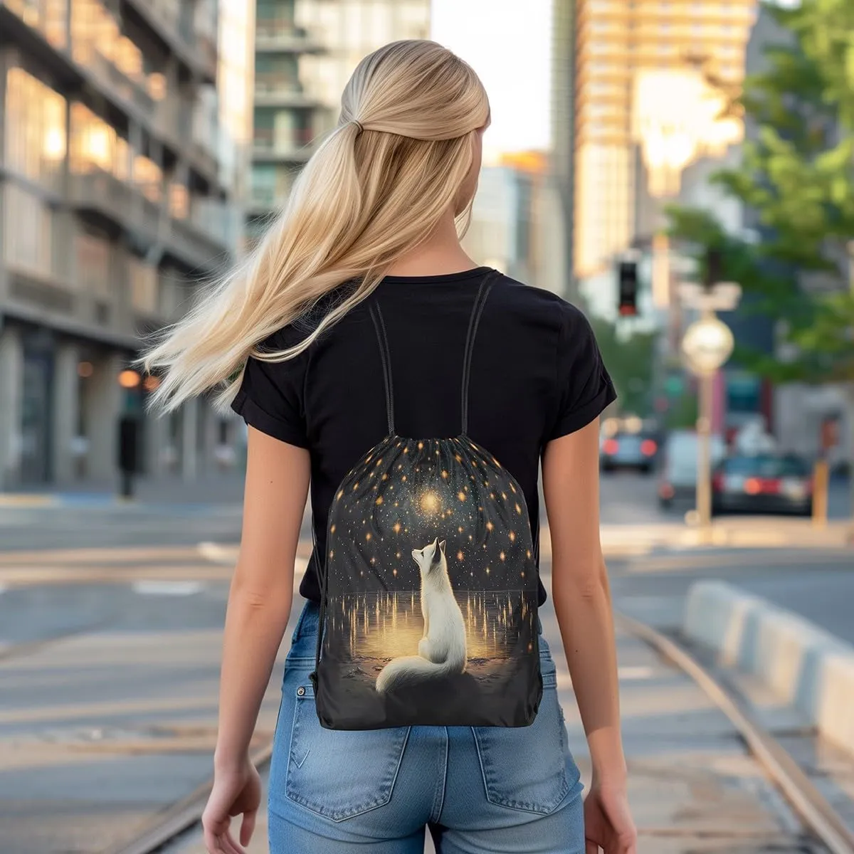 White Fox Drawstring Backpack Bag,Romantic Starry Moon Sky Galaxy Glitter Drawstring Bag,Large Capacity Wild Animal Oil Paint Style Artwork Adjustable Draw String Bag