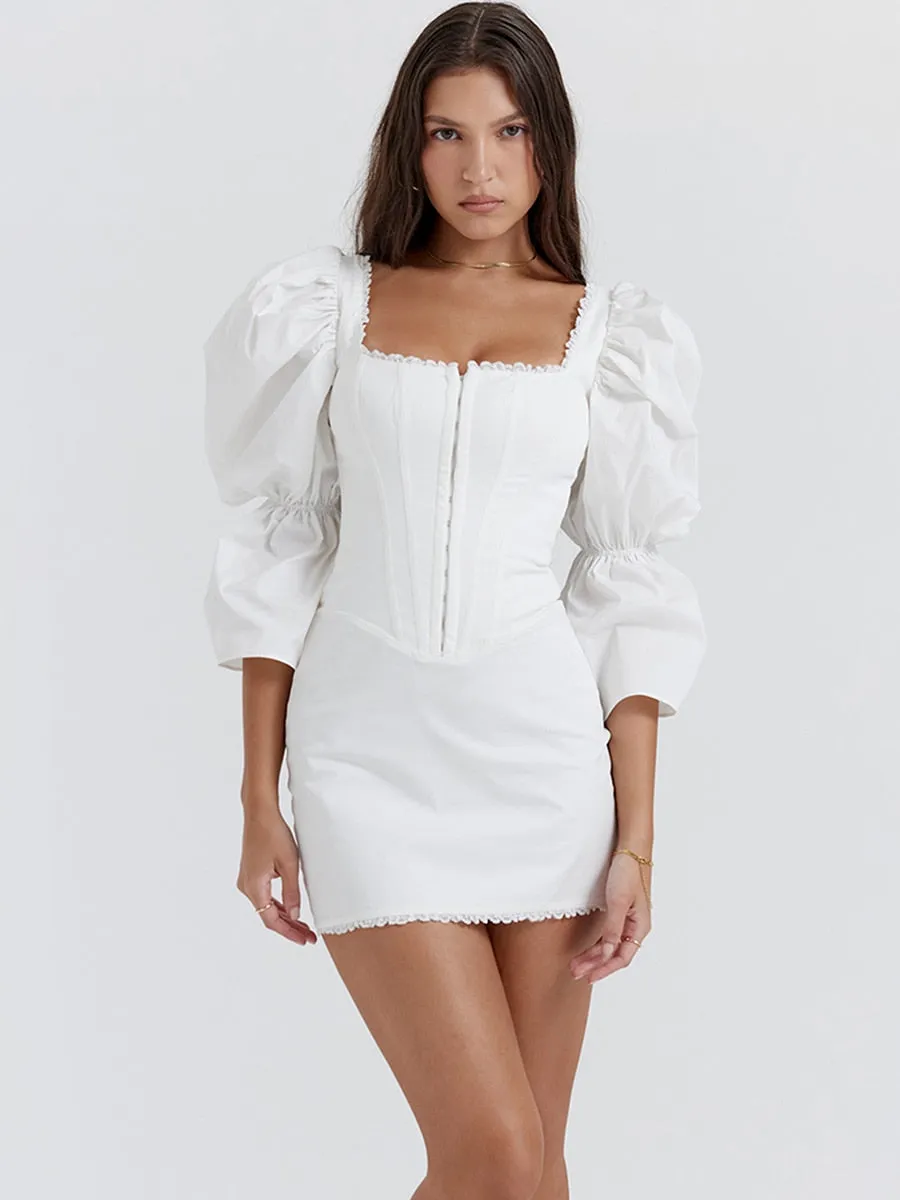 White Puff Sleeve Charming Hook Mini Dress