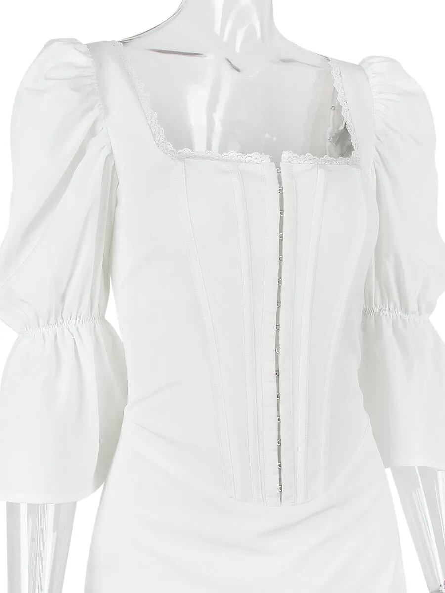 White Puff Sleeve Charming Hook Mini Dress
