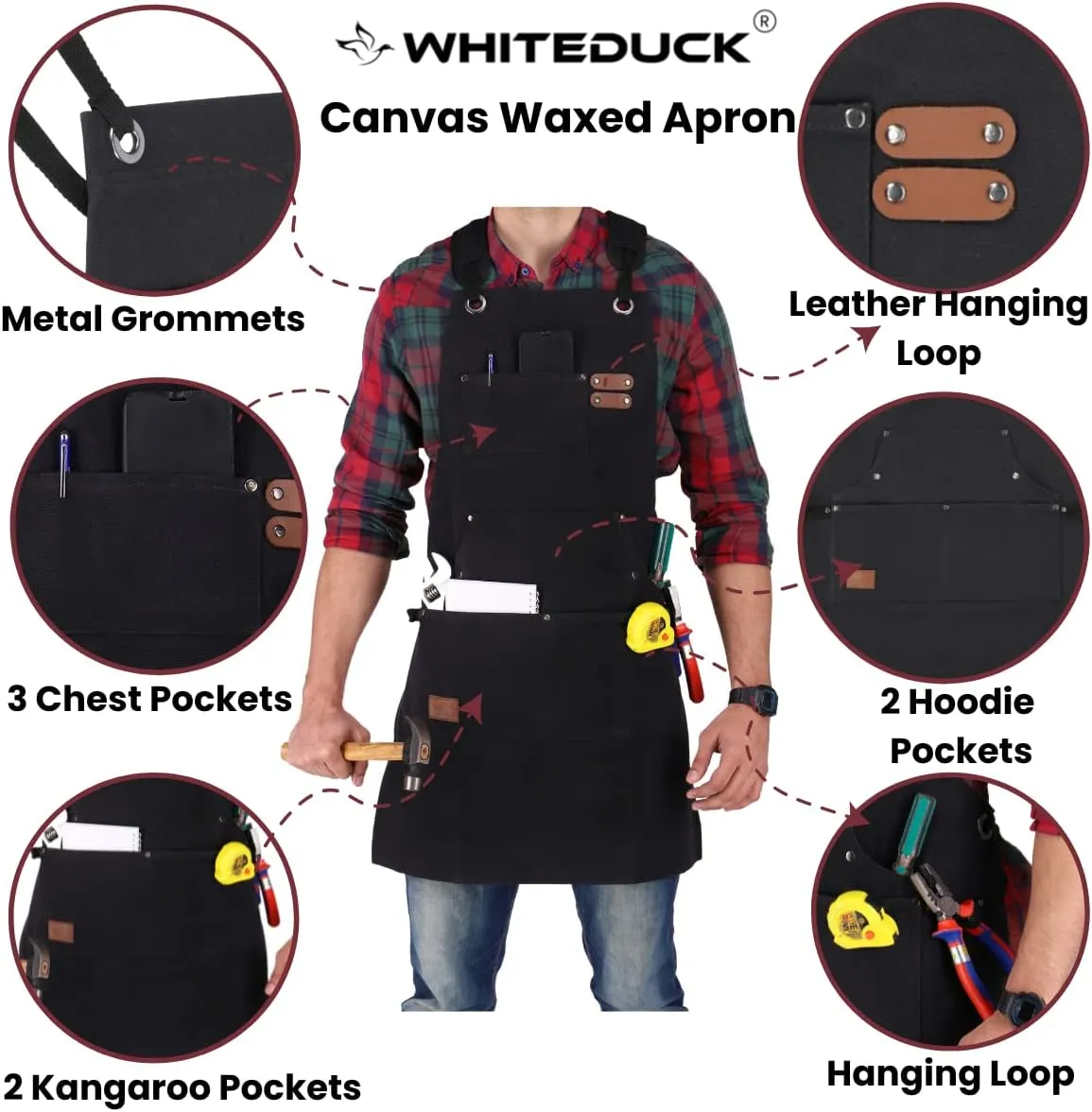WHITEDUCK Canvas Work Apron for Men- Woodworking Apron 24oz with 7 Pockets & Cross Back Straps- Workshop, Mechanic, Carpenter