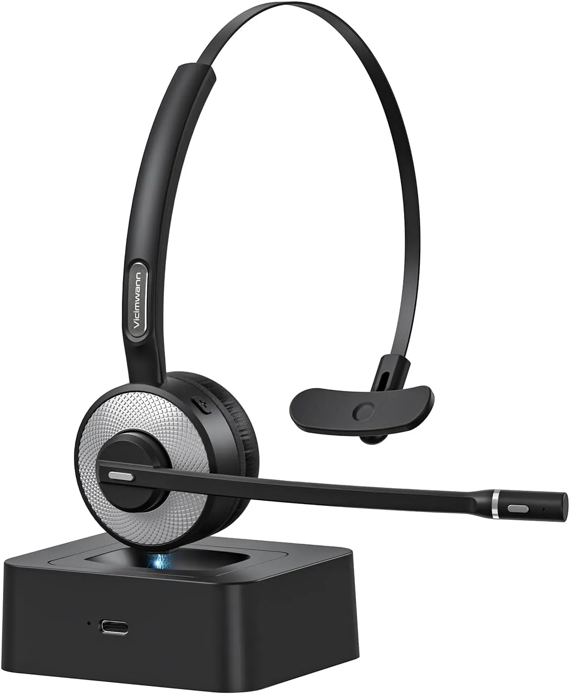 Wireless Bluetooth Headset V5.3 with Noise Cancelling Mic, Mute Button, Multipoint, and Charging Base