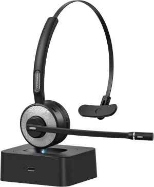 Wireless Bluetooth Headset V5.3 with Noise Cancelling Mic, Mute Button, Multipoint, and Charging Base