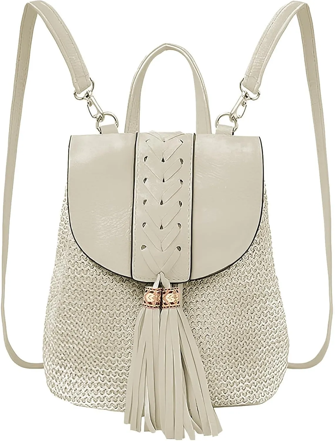 Women Beach Backpacks Purse Small Woven Straw Handmade Daypack Bohemian Style Shoulder Handbag for Casual Beach Holiday Tassel Beige